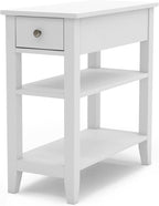 ChooChoo Side Table Living Room, Narrow End Table with Drawer and Shelf, 3-Tier Sofa End Table for Small Space, White
