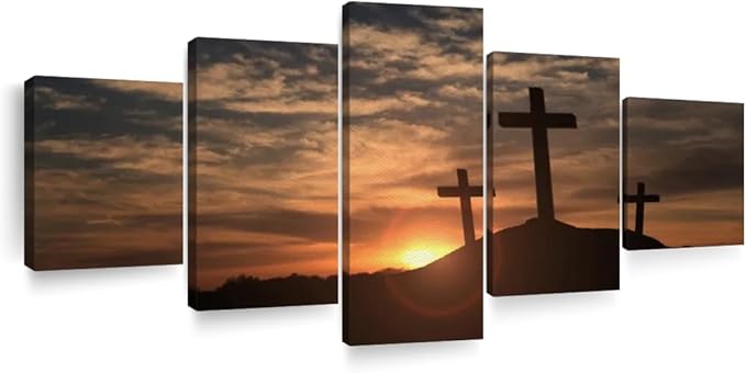 Elephant Stock Cross Silhouettes Wall Art Multi Piece Canvas - 5 Panel Christian Pictures Decor - Digital Design Canvas Print - Christian Wall Decor - 68" X 30"