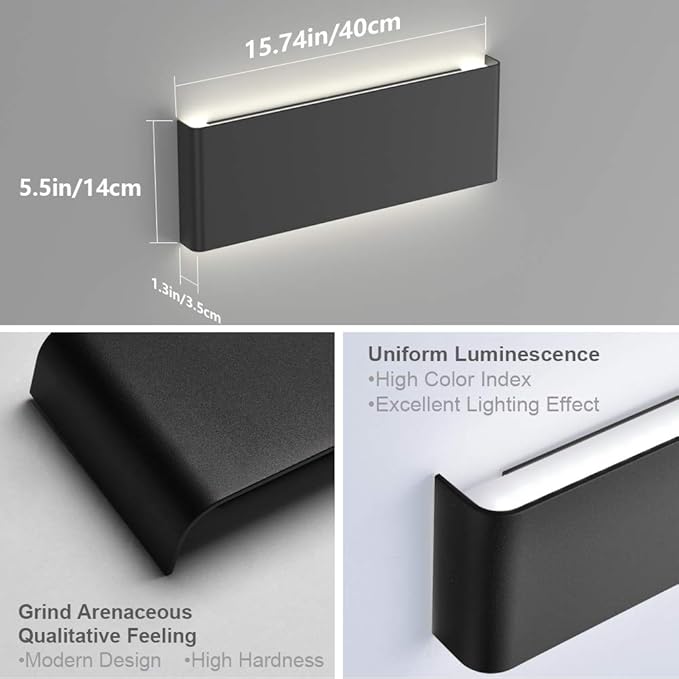Aipsun 15.8in Modern Black Vanity Light Up and Down LED Vanity Light for Bathroom Wall Lighting Fixtures Neutral White 4000K
