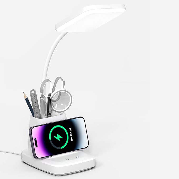 Desk Lamp with Wireless Charger - LED Desk Lamps for Home Office with Pen Holder, 800LM, 3 Color Modes, Flexible Arm, Eye-Caring White Table Lamps for Home College Dorm Room Christmas Gifts