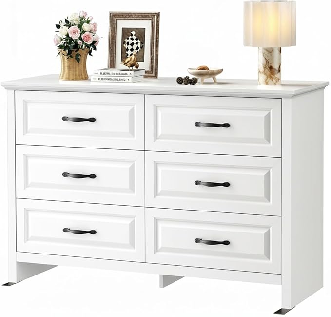 Marsail Farmhouse 6 Drawer Dresser, Wood Chest of Drawers with Natural Texture, Smooth Gliding Drawers, Versatile Storage Organizer Cabinet for Bedroom & Living Room, White