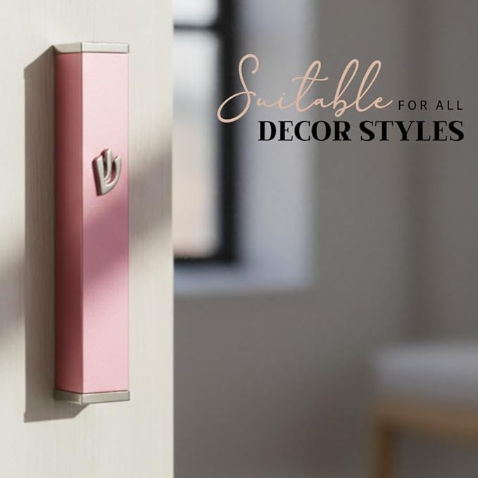 SURI Mezuzah for Door – 3.8 Inch Pink Aluminum Mezuza Holder with Printed Scroll, Contemporary Shin Design, Fits a 3 Inch Scroll, Self-Stick Adhesive, Gift Box Included
