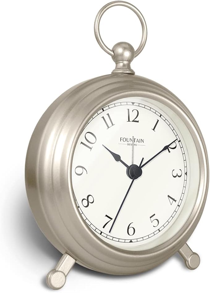Jensen Pocket Watch Analog Alarm Clock for Bedroom,Silent Non Ticking,Desk & Shelf Mantel Clock for Living Room Decor,Morning Silver, 5.4"(H) x 4.5"(W)
