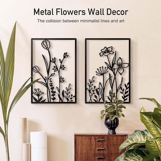 Black Metal Flowers Wall Decor: Elegant Floral Wall Art Sculptures for Bedroom, Bathroom, and Living Room - Set of 4, 12 x 17 in each