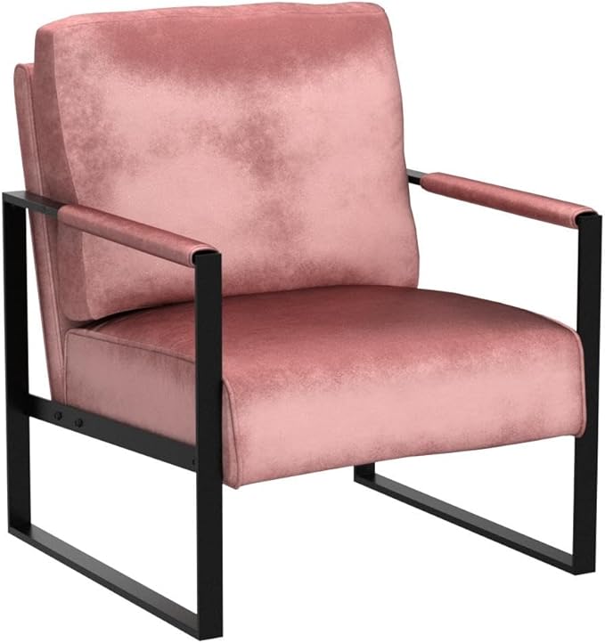 Container Furniture Classic Mid Century Modern Accent Chair with Durable Square Metal Frame, Armchair for Living Room, Bedroom, Home Office in Plush Velvet Upholstery, Rose