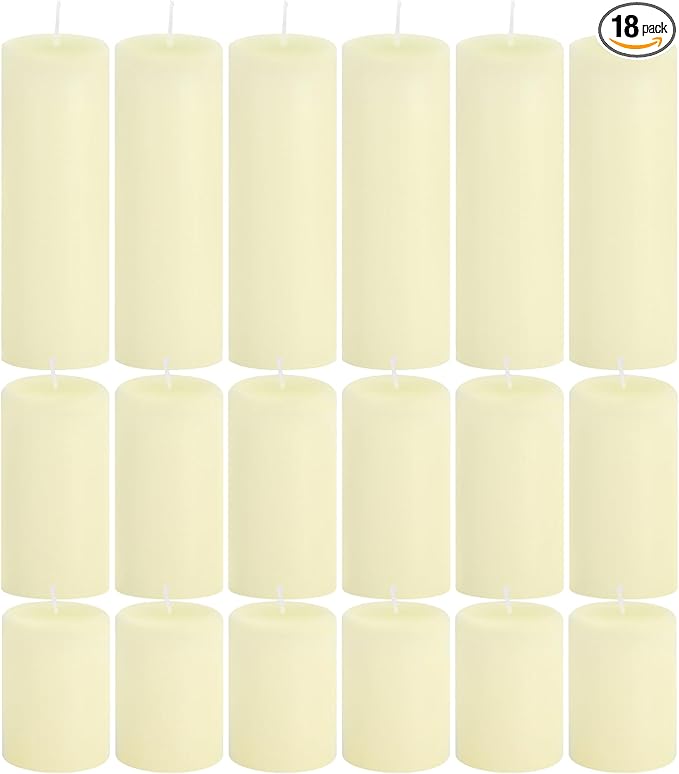 18 Pcs Ivory Pillar Candles Bulk Set，Hurricane Candles，3 Different Lengths 2 x 3/4/6 Inch (6 Each)，Dripless Unscented Smokeless，Gives You a Better Atmosphere When Organizing an Event Party.