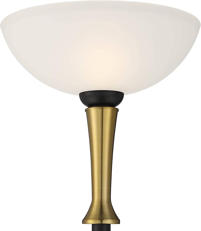 Possini Euro Design Burbank Modern Mid Century Art Deco Torchiere Floor Lamp Standing 70" Tall Black Brass Metal Frosted White Glass Bowl Shade for Living Room Reading House Bedroom Home Office