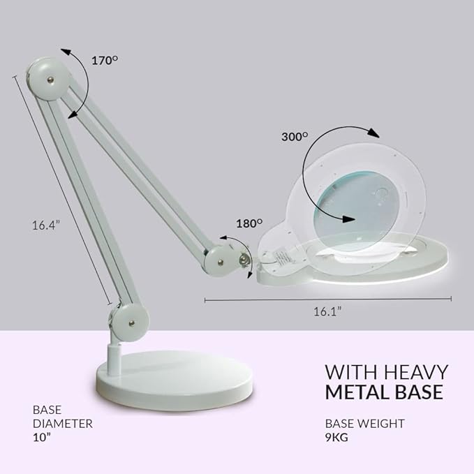 Neatfi XL Bifocal LED Magnifying Lamp – 7-Inch Acrylic Lens, 2.25x & 6X Magnification, 1,600 Lumens, Dimmable LED, Adjustable Arm, Hands-Free Close Work (White, with Base)