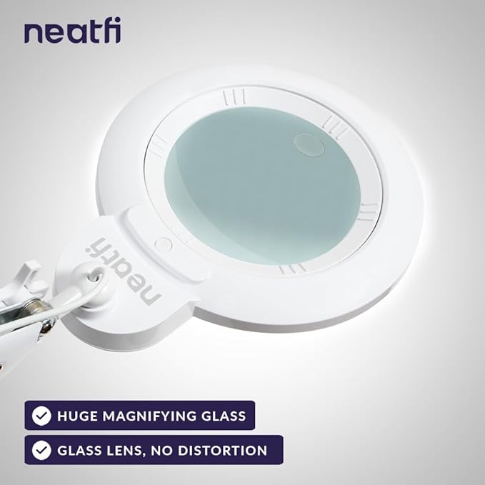 Neatfi XL Bifocal LED Magnifying Lamp – 7-Inch Glass Lens, 2.25x & 6X Magnification, 1,600 Lumens, Dimmable LED, Adjustable Arm, Hands-Free Close Work (White, Glass Lens with Clamp)