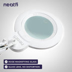 Neatfi XL Bifocal LED Magnifying Lamp – 7-Inch Glass Lens, 2.25x & 6X Magnification, 1,600 Lumens, Dimmable LED, Adjustable Arm, Hands-Free Close Work (White, Glass Lens with Clamp)