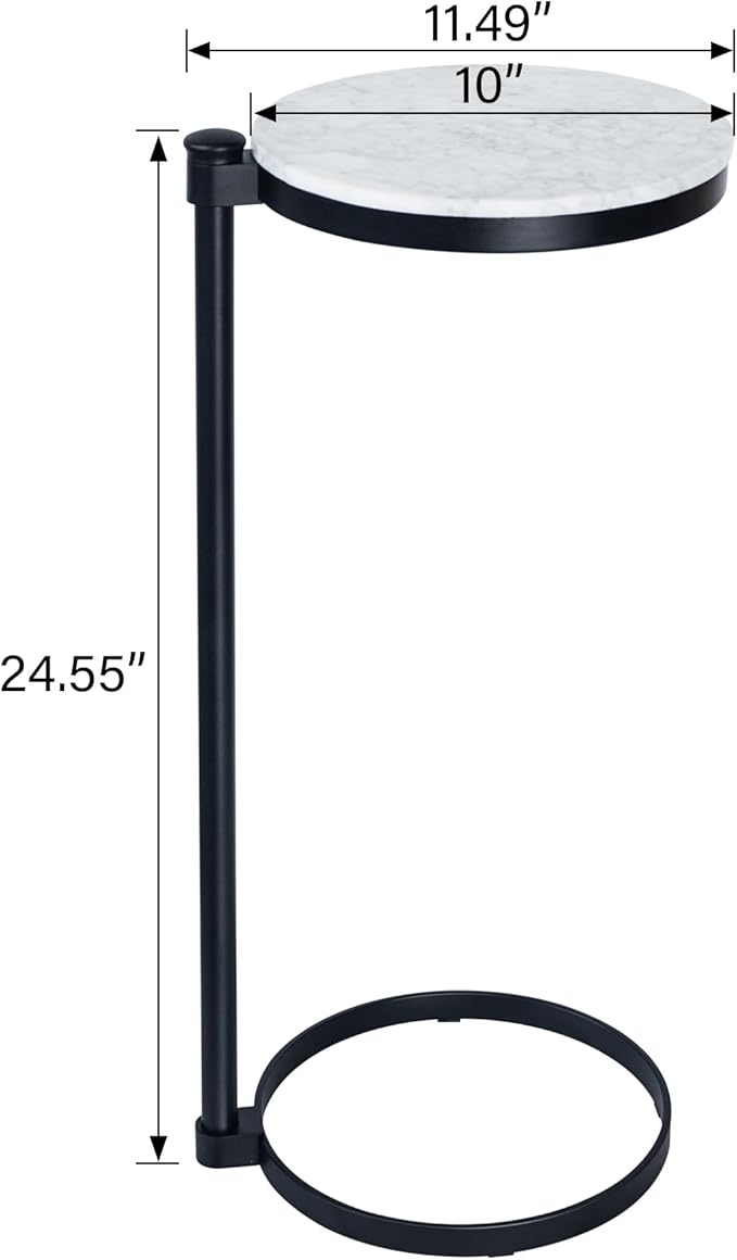 TEHOME Black Marble Drink Table Metal Martini Round Small Drink Side Table for Couch Marble C Shaped End Table for Sofa 10" diam,24.55" h