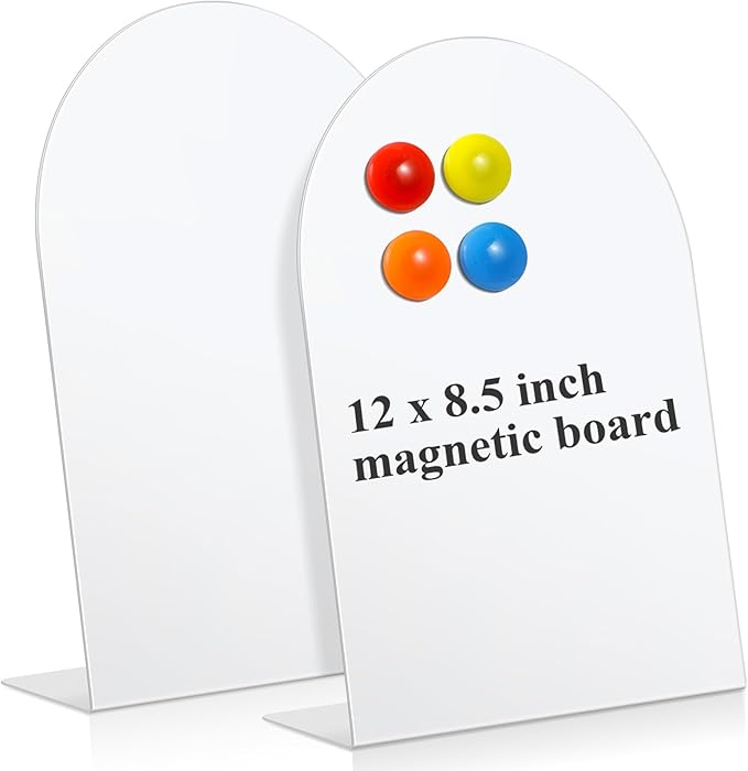 Shimeyao 2 Pcs Magnetic Bulletin Board for Tabletops with 8 Magnets Memo Display Easel Stand for Home Office School Kitchen Table Supplies (Arched,White,12 x 8.5 Inch)