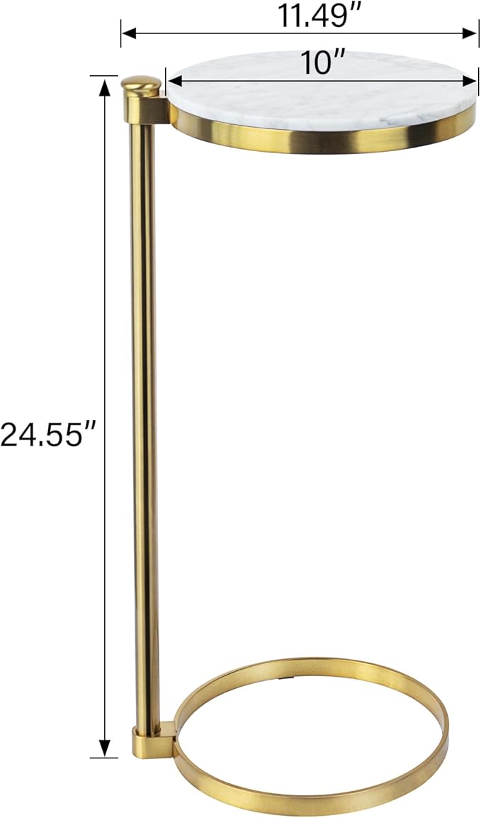 TEHOME Gold Marble Drink Table Metal Martini Round Small Drink Side Table for Couch Marble C Shaped End Table for Sofa 10" diam,24.55" h