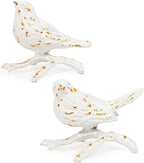 Sungmor Cast Iron Small Bird Statues, Set of 2 Antique White Bird with Branch Collectible Figurines, Farmhouse Home Garden Decorative Bird Sculpture, Realistic Indoor and Outdoor Ornaments