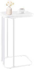 C Shaped End Table, 27 Inches High Small Side Table for Sofa and Bed, Couch Table Slides Under, Tall Tv Tray Table for Living Room, Bedroom, Metal Frame, Snow White