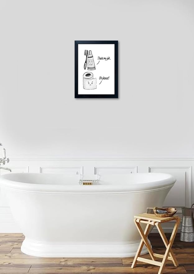 Kids Bathroom Wall Decor Framed Black and White Bathroom Print Funny Toliet Paper and Toothbrush Picture Artwork for Children's Bathroom