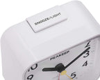 Peakeep Small Battery Operated Analog Travel Alarm Clock Silent No Ticking, Lighted on Demand and Snooze, Beep Sounds, Gentle Wake, Ascending Alarm, Easy Set (White)