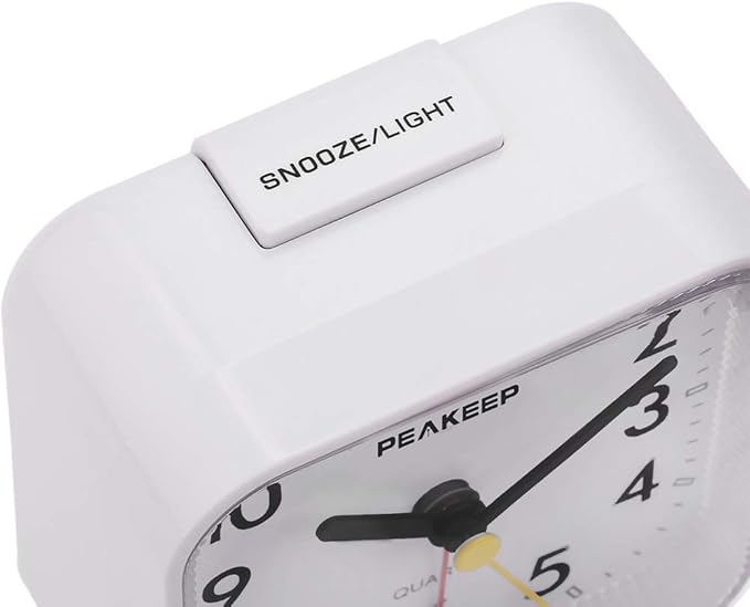Peakeep Small Battery Operated Analog Travel Alarm Clock Silent No Ticking, Lighted on Demand and Snooze, Beep Sounds, Gentle Wake, Ascending Alarm, Easy Set (White)