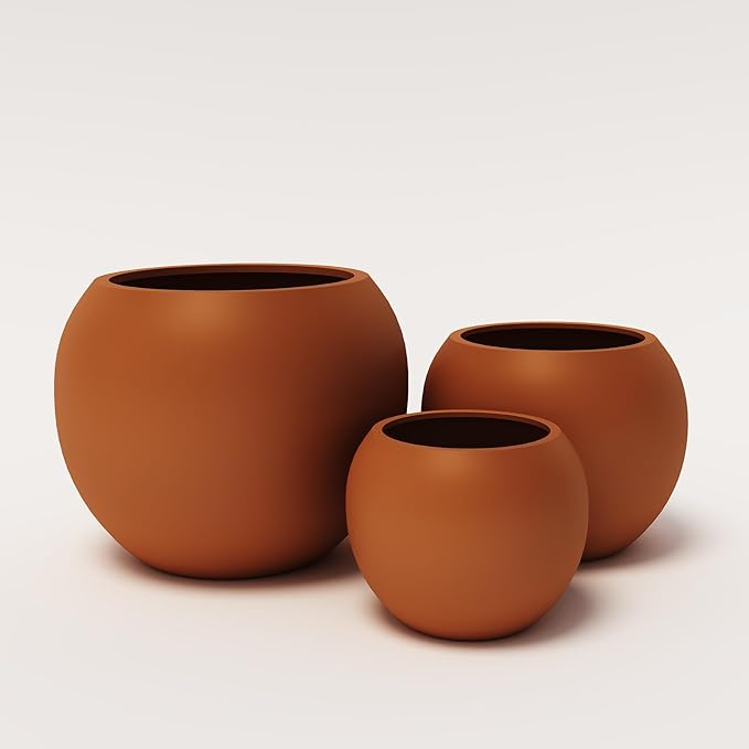 DTY Signature Mount Sherman Modern Indoor Outdoor Fiberstone Sphere Planter, Durable Round Garden Pot, Weather Resistant, Drainage Hole & Rubber Plug, Planter for Christmas Tree - Large, Terracotta