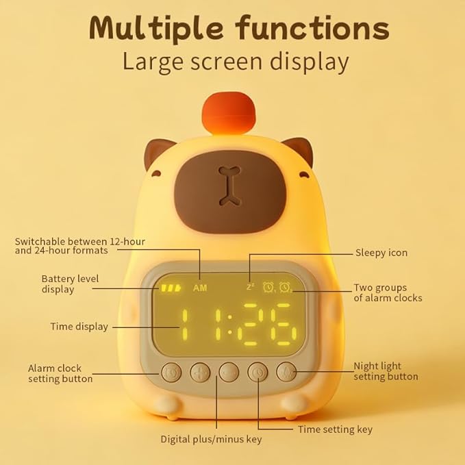 Capybara Alarm Clock with Night Light for Kids, Cute Toddler Alarm Clocks for Bedrooms Ok to Wake Clocks for Girls and Boys, Rechargeable Silicone Animal Tabletop Lamp for Kid