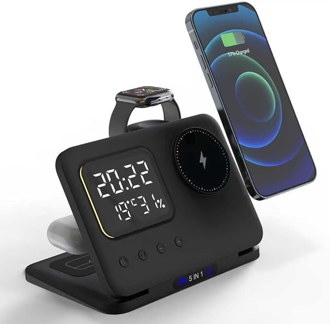 IHAO 5in1 Multi Functional Wireless Charger with Digital Clock 18W Fast Charge Night Light Temperature Display Magnetic Attraction Compliant for iPhone, Apple Watch and Qi Headphone-DH13 Black
