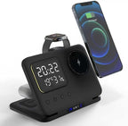 IHAO 5in1 Multi Functional Wireless Charger with Digital Clock 18W Fast Charge Night Light Temperature Display Magnetic Attraction Compliant for iPhone, Apple Watch and Qi Headphone-DH13 Black