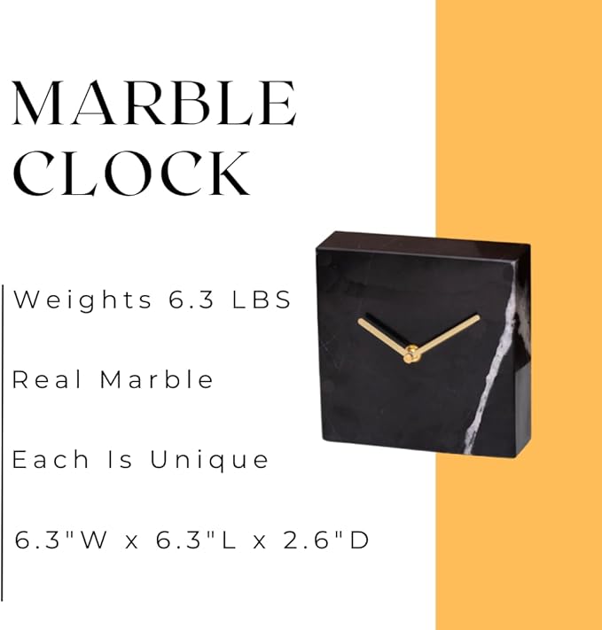Solid Marble Modern Mantle Clock, Minimalist Clock - Sleek Marble Fireplace Decor with Unique Streaks, Square Analog Design for Decorations in Living Room and Mantel Decoration Fireplace