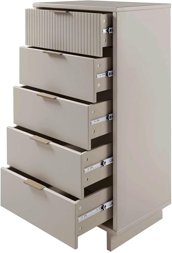 Manhattan Comfort Granville 24-Inch Modern Tall Dresser with 5 Full Extension Soft Close Drawers, Textured Ribbed Lines Design Made of Solid Wood with Gold Accent, TV Stand for Bedroom, Light Grey
