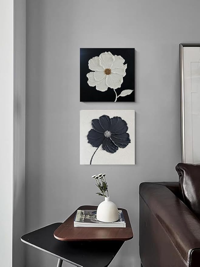 YaSheng Art - Thick Texture Flowers Abstract Oil Painting 100% Hand-Painted Black and White Wall Art Minimalist modern Abstract Art Paintings Home Living room Room Dining Room Bedroom Wall Decorative Art Oil Painting 24x24inch
