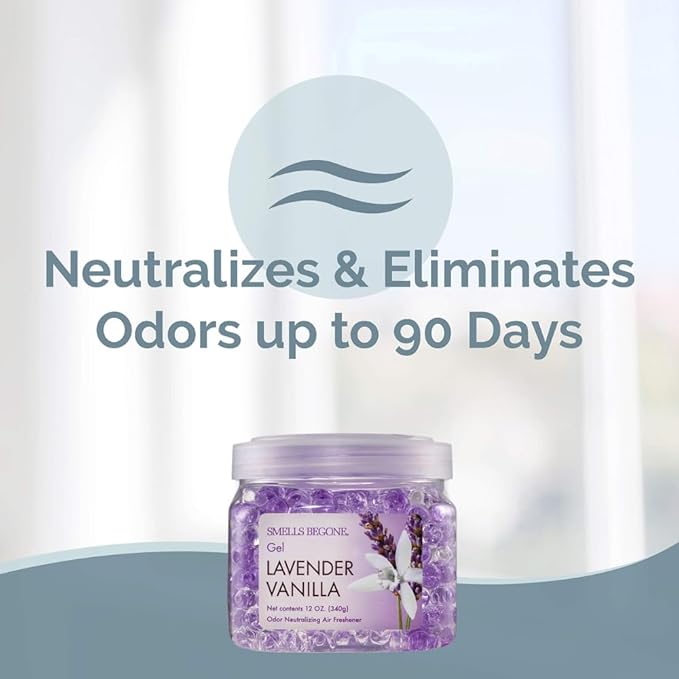 SMELLS BEGONE 12 oz Odor Eliminator Gel - Air Freshener - Absorbs & Eliminates Odor in Bathrooms, Basements, Cars, Boats, RVs & Pet Areas - Made with Essential Oils - Lavender Vanilla