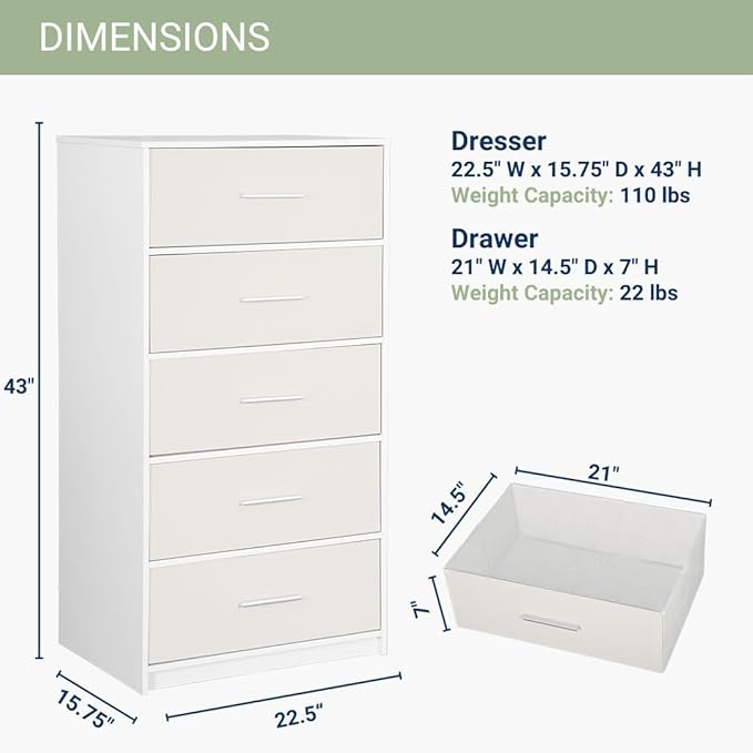 Modern 5-Drawer Dresser with Spacious Storage,Sturdy Wood Frame, and Large Capacity Drawers, Dressers for Bedroom, Home Organization Storage for Living Room or Hallway (White)