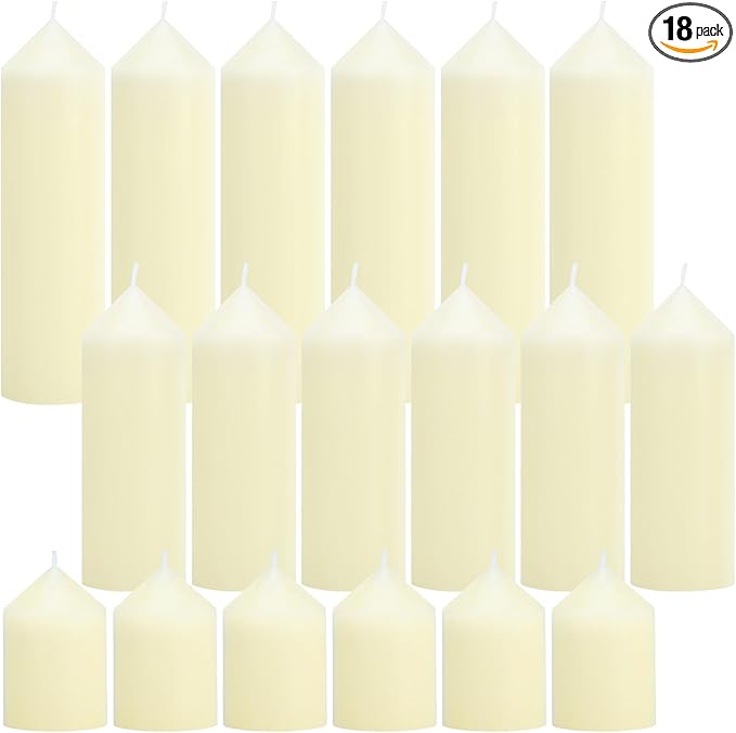 Ivory Pillar Candles Bulk Set of 18，3 Different Lengths 2 x 3/6/8 Inch (6 Each)，Hurricane Candles，Dripless Unscented Smokeless，Gives You a Better Atmosphere When Organizing an Event Party.