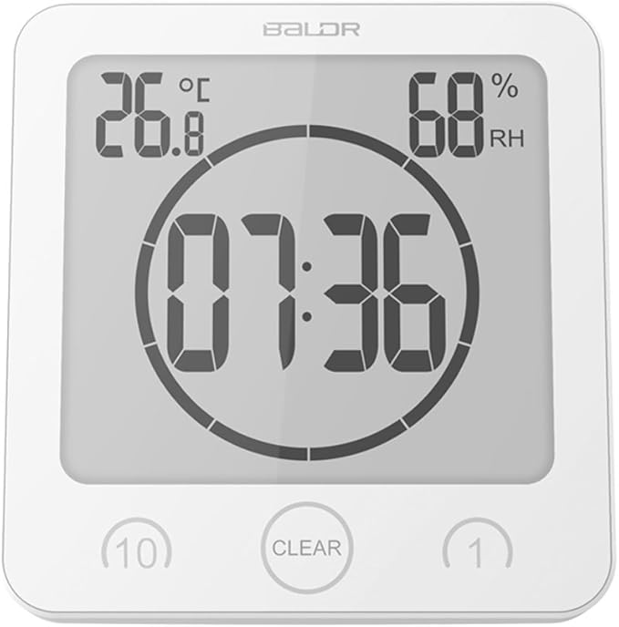 BALDR Digital Bathroom Clocks - 2 Pack Water-Resistant Shower Clock with Timer - Large LCD Display Digital Clock for Shower with Timer, Temperature and Humidity, Wall Clock for Bathroom, White