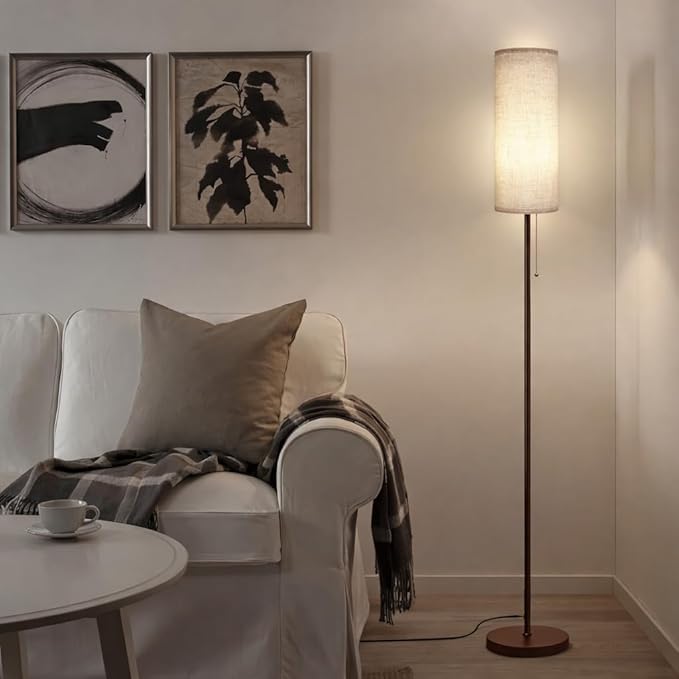 Floor Lamp for Living Room, Modern Standing Lamps with Lampshade, Minimalist Tall Lamp with Chain Switch for Living Room, LED Bulb Included (Beige+Brown)
