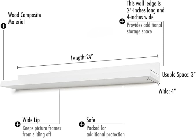 Americanflat 24" Floating Shelf - Made of Engineered Wood with Lipped Ledge - Long Floating Wall Shelves for Bedroom, Bathroom, Kitchen, Office, and Living Room - White