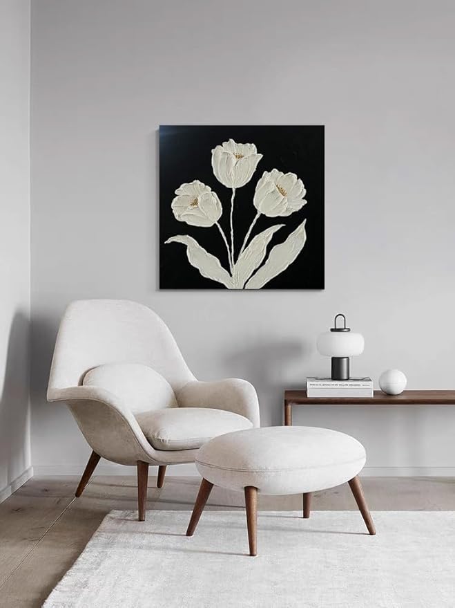 YaSheng Art-Wall Art for Living Room 100% Hand-Painted Flower Oil Painting On Canvas Black and White Thick Texture Minimalist modern Art Gallery Wrapped Framed Floral tulip Blossom Artwork for Home Bedroom 24x24inch