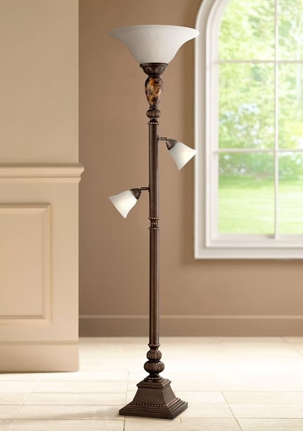 Kathy Ireland Mulholland Rustic Vintage Tree Torchiere Floor Lamp Standing 72" Tall Bronze Tortoise Shell Font Frosted Glass Shade for Living Room Reading House Bedroom Home Office