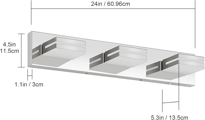 Bathroom Vanity Lighting Fixtures Over Mirror (3-Light, 24-Inch) Modern LED Bathroom Wall Lighting Fixtures, Chrome (Cool White 6000K)
