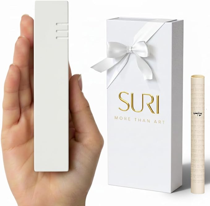 SURI Mezuzah for Door with Scroll Inside – 6 Inch White Concrete Judaica Mezuza Case with Non-Kosher Scroll, Self-Stick Adhesive, Gift Box Included, Fits a 5 Inch Scroll