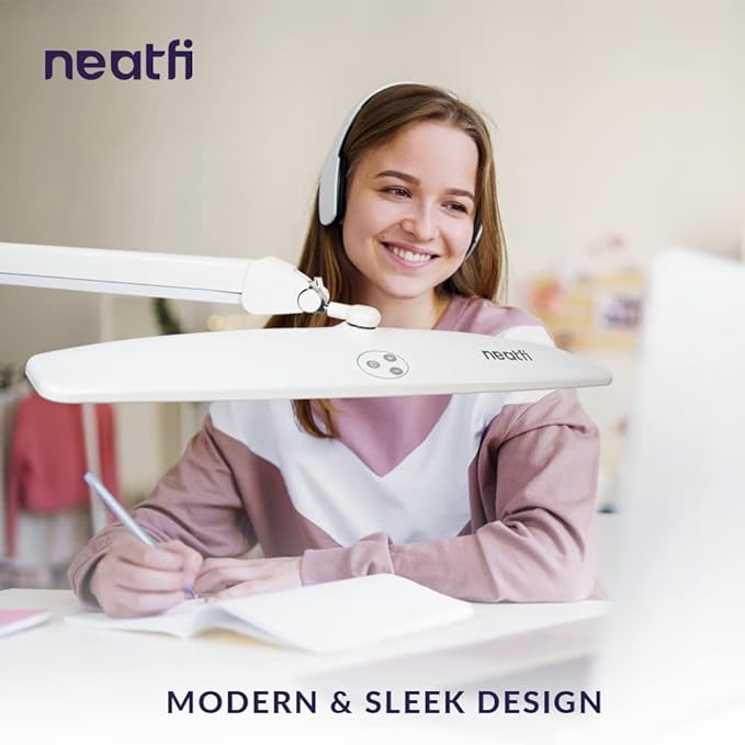 Neatfi Elite HD XL Desk Lamp with Clamp, 1600 Lumens, 22-Inch Wide Head, Non-Polar Dimming, 84 SMD LEDs, 6500K, Task Light for Home, Office, Study Room (Non-CCT with Clamp, White, 22 Inches)