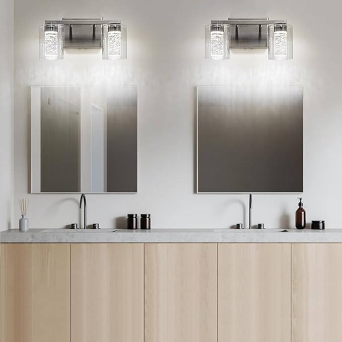 SineRise 2-Light Brushed Nickel Vanity Light with 3 Color Modes (3000K/4000K/6000K), Eye Protection LED Bathroom Light Fixture, Dimmable Modern Wall Light Over Mirror with Clear Glass Shade