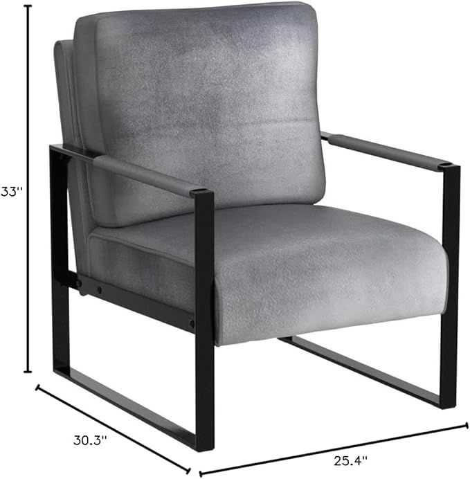Container Furniture Classic Mid Century Modern Accent Chair with Durable Square Metal Frame, Armchair for Living Room, Bedroom, Home Office in Plush Velvet Upholstery, Grey