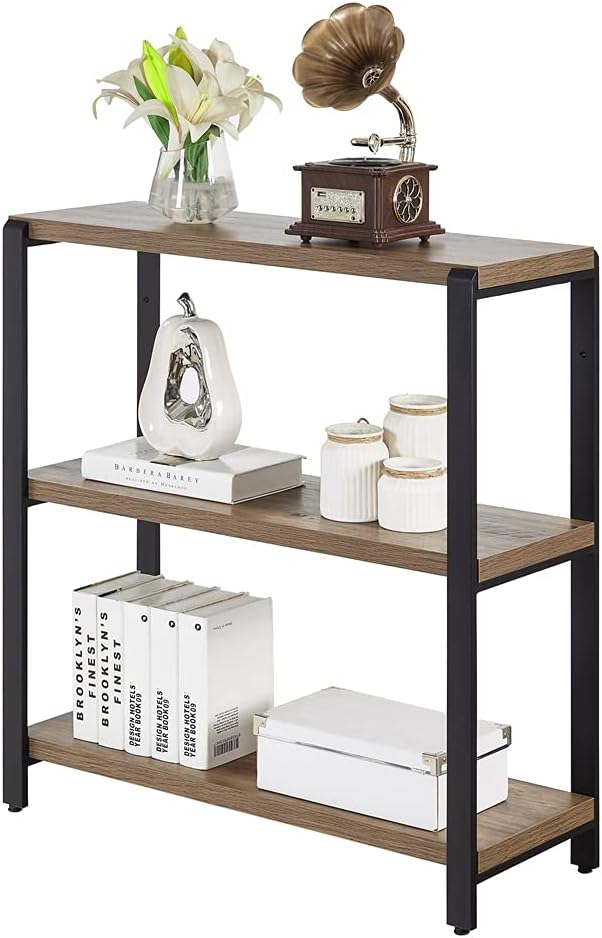 FOLUBAN 3 Tier Bookshelf, Industrial Bookcase and Book Shelves for Bedroom, Rustic Wood and Metal Book Case for Office, Oak