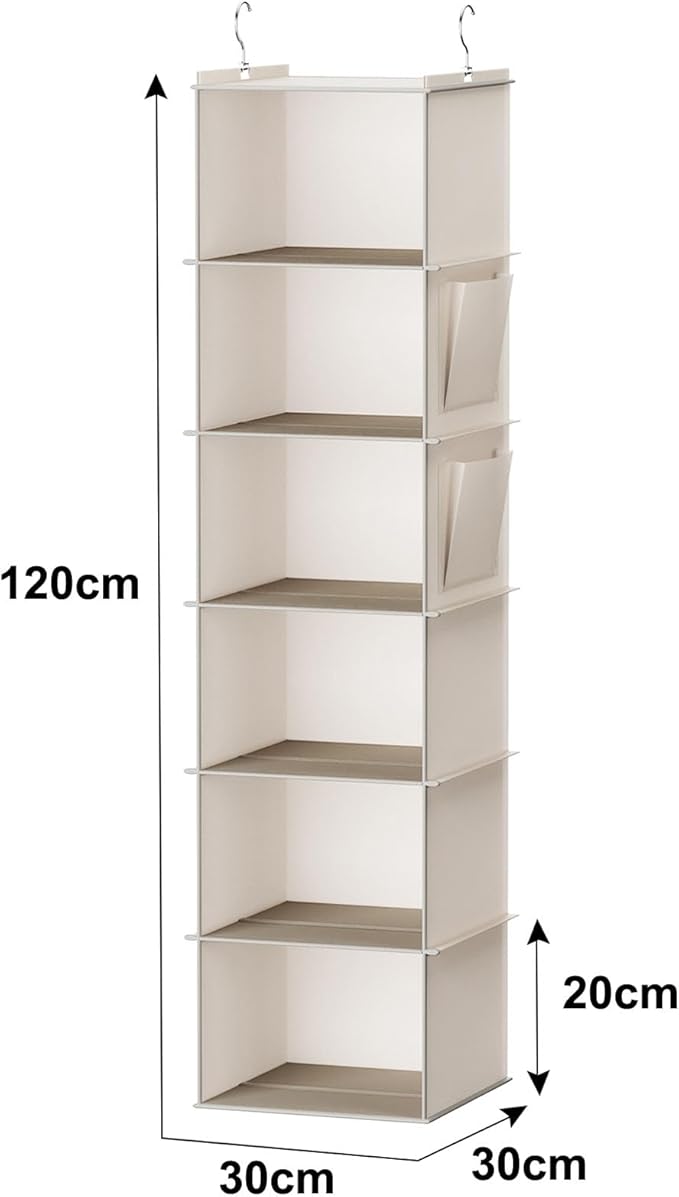 YOUDENOVA Hanging Closet Organizer, 6-Shelf Closet Hanging Storage with Side Pockets, Beige | with Side Pockets