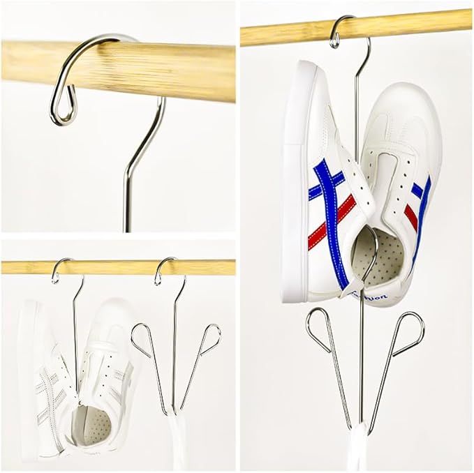 4PCS Shoes Hanger,Stainless Steel Hanger,Multi-Functional Shoe Rack with Double Hook Design, Shoe Drying Rack for Dehumidifying Hanging Leather Shoes (Silver A+B)