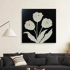 YaSheng Art-Wall Art for Living Room 100% Hand-Painted Flower Oil Painting On Canvas Black and White Thick Texture Minimalist modern Art Gallery Wrapped Framed Floral tulip Blossom Artwork for Home Bedroom 24x24inch