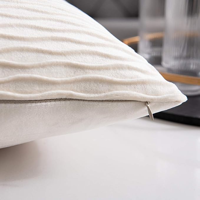 Ivory White Couch Pillow Covers: 2 Pack 16x16 Inch Original Striped Velvet Square Throw Pillow Cases for Farmhouse Home Decor