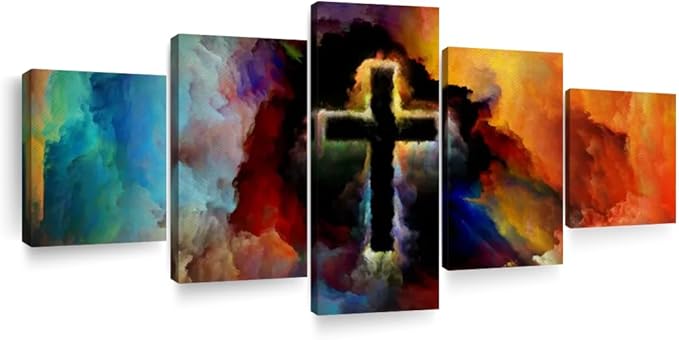 Elephant Stock Colorful Cross Wall Art Multi Piece Canvas - 5 Panel Christian Pictures Decor - Digital Design Canvas Print - Christian Wall Decor - 74" X 34"