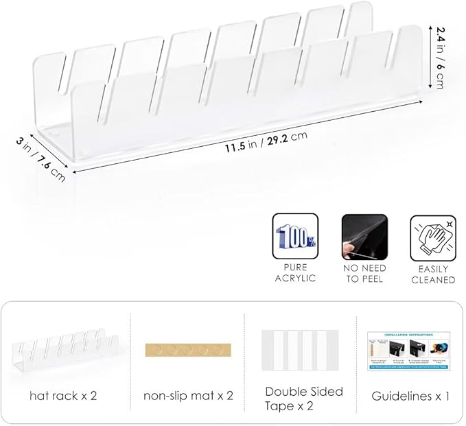 OAPRIRE Hat Stand for Baseball Caps Display and Organizer, No Install Acrylic Hat Organizer 2 Pack Holds 14 Baseball Caps for Closet, Bedroom, Dresser (Frosted Clear)