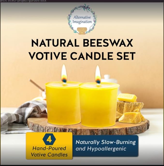 Alternative Imagination 100% Pure Natural Beeswax Votive Candles - 4 Pack - Hand-Poured - Unscented- Light Honey Aroma - 15 Hour Burn - Paraffin-Free, Long Lasting for Prayer, Meditation & Home Decor
